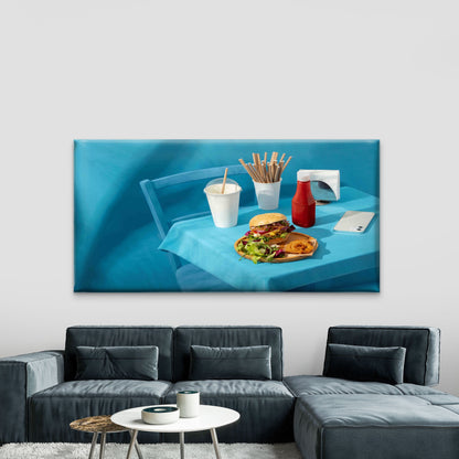 Fast Food Meal On Blue Table Wall Art Canvas Office Home Room Framed 120x60cm