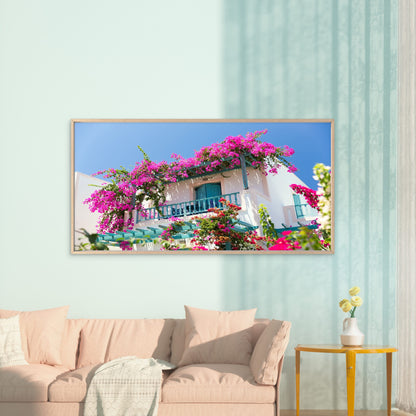 Vibrant Pink Greek House Wall Art Canvas Office Home Room Framed 120x60cm
