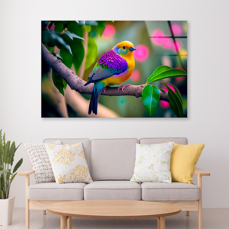 Colorful Bird on Branch  Acrylic Glass Print Tempered Glass Wall Art 100% Made in Australia Ready to Hang - Bella Home Decor
