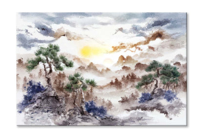 Painting Of Pine Trees, Distant Mountains, Clouds and Sunrise Wall Art Limited Edition High Quality Print