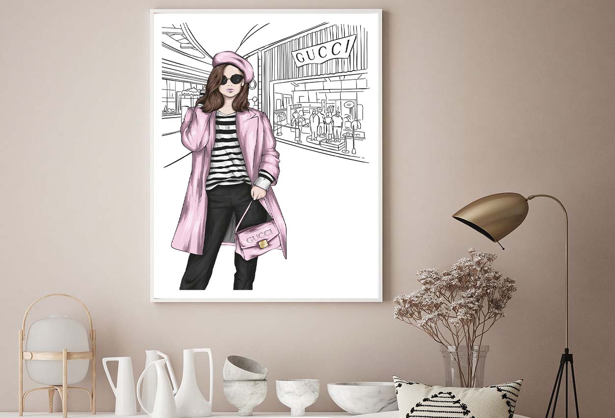 Pink Stylish Lady with Elegant Handbag Design Home Decor Premium Quality Poster Print Choose Your Sizes