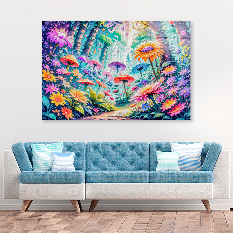 View of Vibrant Multicolored Flowers and Trees Acrylic Glass Print Tempered Glass Wall Art 100% Made in Australia Ready to Hang