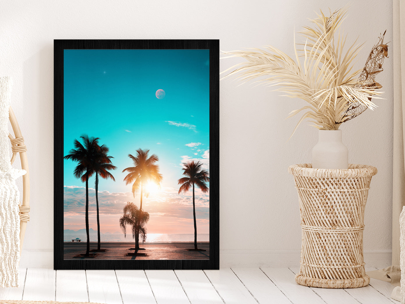 Blue Sky & Sunset Through Palm Trees Photograph Glass Framed Wall Art, Ready to Hang Quality Print Without White Border Black