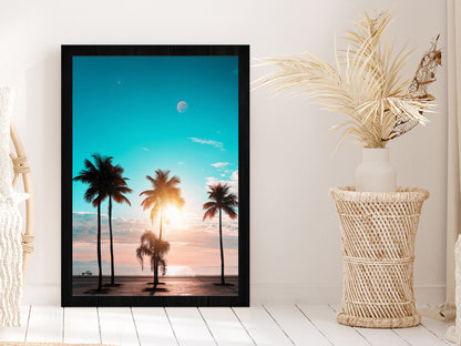 Blue Sky & Sunset Through Palm Trees Photograph Glass Framed Wall Art, Ready to Hang Quality Print Without White Border Black
