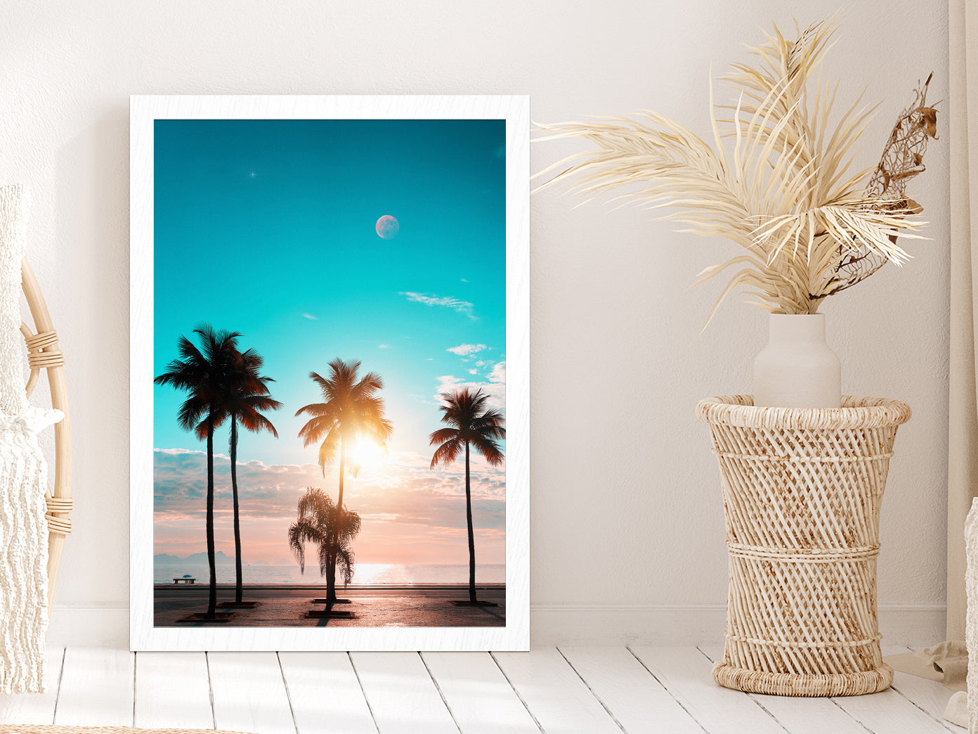 Blue Sky & Sunset Through Palm Trees Photograph Glass Framed Wall Art, Ready to Hang Quality Print Without White Border White