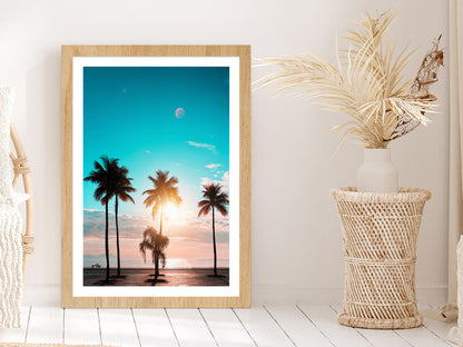Blue Sky & Sunset Through Palm Trees Photograph Glass Framed Wall Art, Ready to Hang Quality Print With White Border Oak