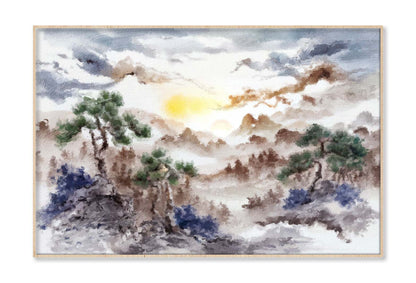 Painting Of Pine Trees, Distant Mountains, Clouds and Sunrise Wall Art Limited Edition High Quality Print