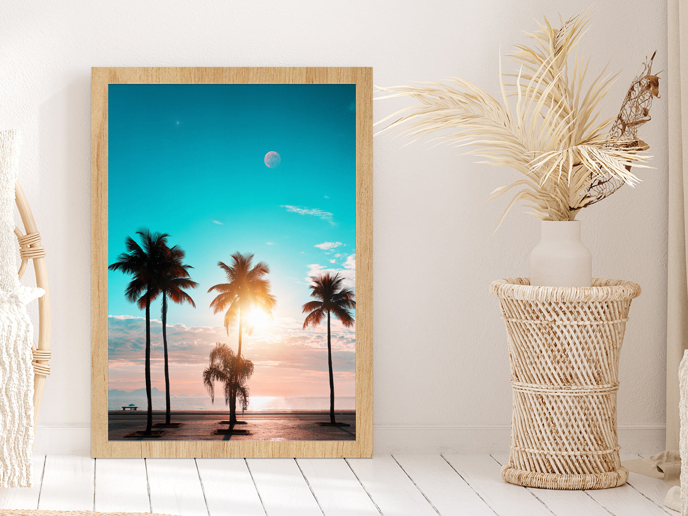 Blue Sky & Sunset Through Palm Trees Photograph Glass Framed Wall Art, Ready to Hang Quality Print Without White Border Oak