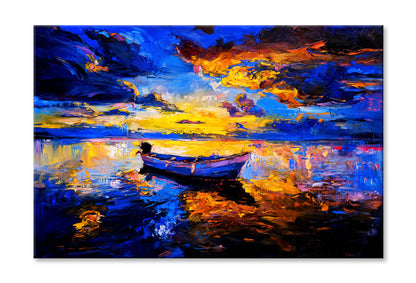 Sky Sunset & Boat on Sea Oil Painting Wall Art Limited Edition High Quality Print Stretched Canvas None