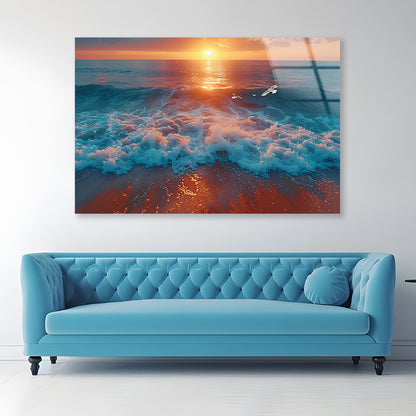Bird Flying Over the Ocean with Sunset Acrylic Glass Print Tempered Glass Wall Art 100% Made in Australia Ready to Hang - Bella Home Decor