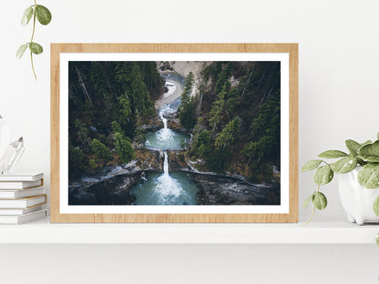 Drone View Of Forest Waterfalls Glass Framed Wall Art, Ready to Hang Quality Print With White Border Oak