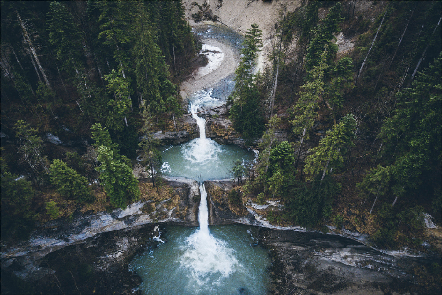 Drone View Of Forest Waterfalls Glass Framed Wall Art, Ready to Hang Quality Print