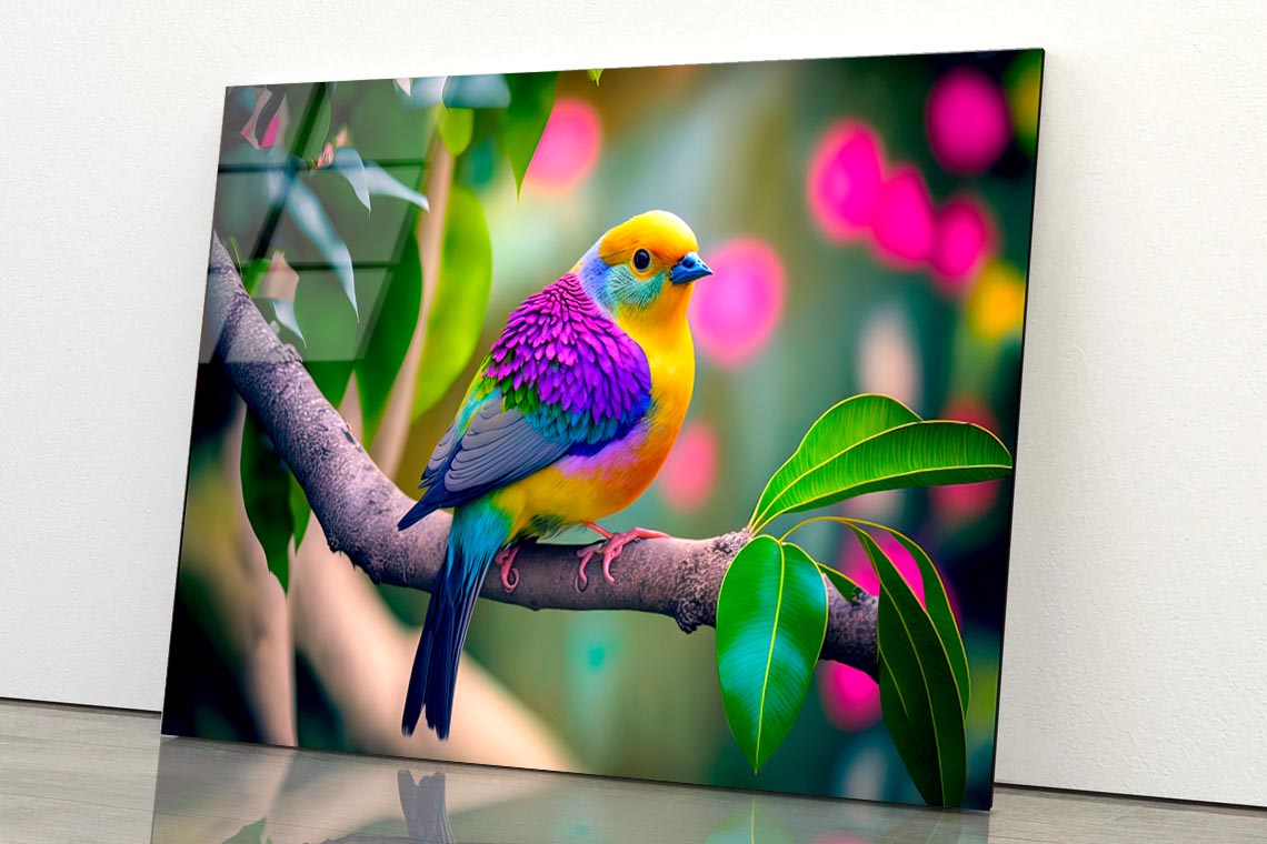 Colorful Bird on Branch  Acrylic Glass Print Tempered Glass Wall Art 100% Made in Australia Ready to Hang - Bella Home Decor