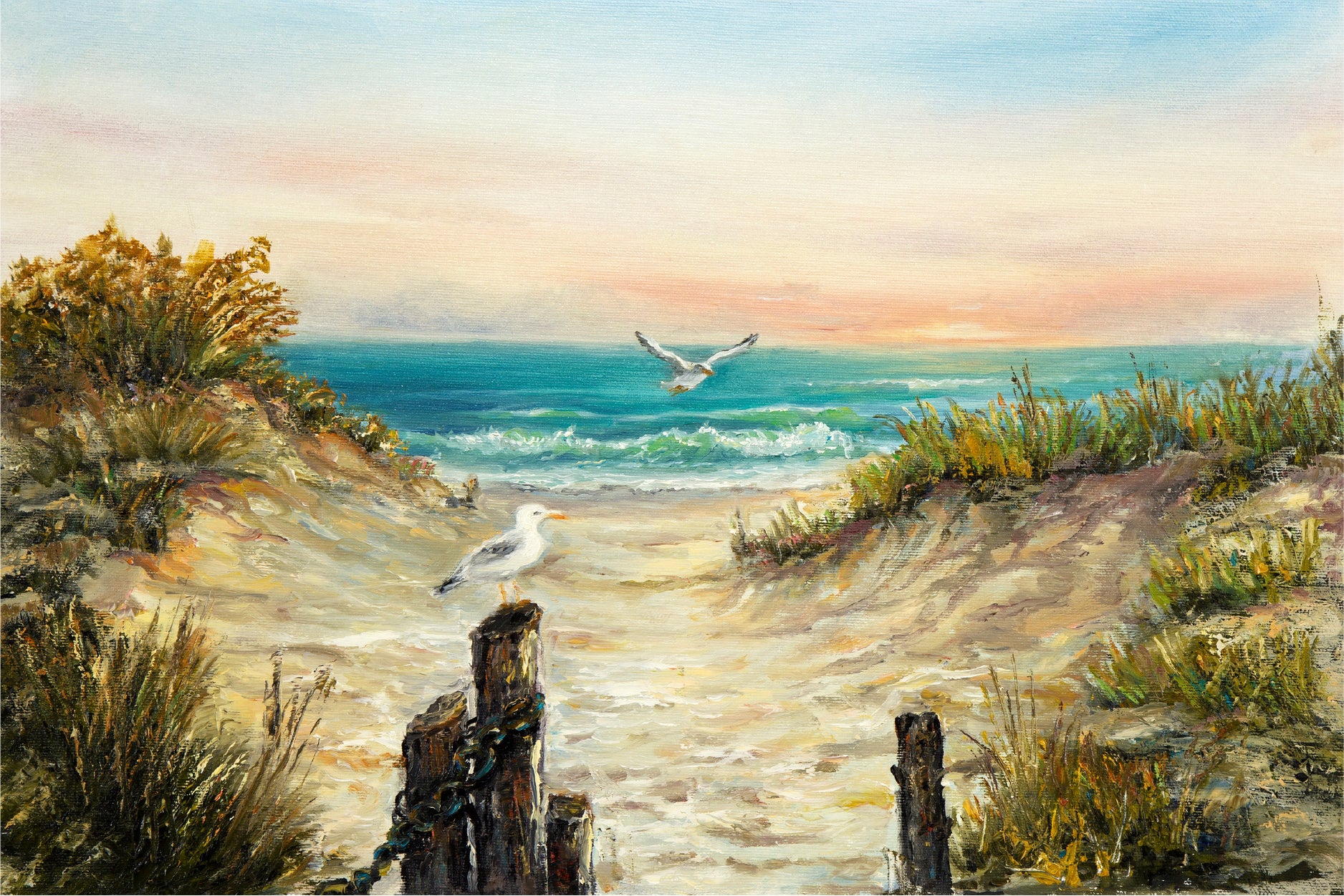 Ocean Beach Dunes With Seagulls Glass Framed Wall Art, Ready to Hang Quality Print