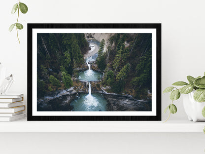 Drone View Of Forest Waterfalls Glass Framed Wall Art, Ready to Hang Quality Print With White Border Black