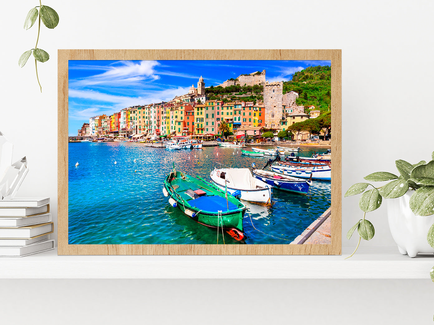 Villages Of Cinque Terre Glass Framed Wall Art, Ready to Hang Quality Print Without White Border Oak