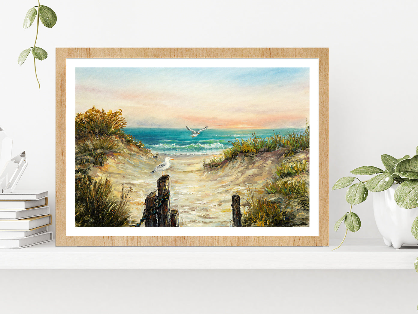 Ocean Beach Dunes With Seagulls Glass Framed Wall Art, Ready to Hang Quality Print With White Border Oak