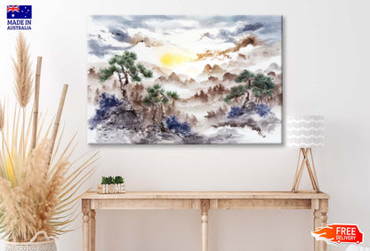 Painting Of Pine Trees, Distant Mountains, Clouds and Sunrise Wall Art Limited Edition High Quality Print