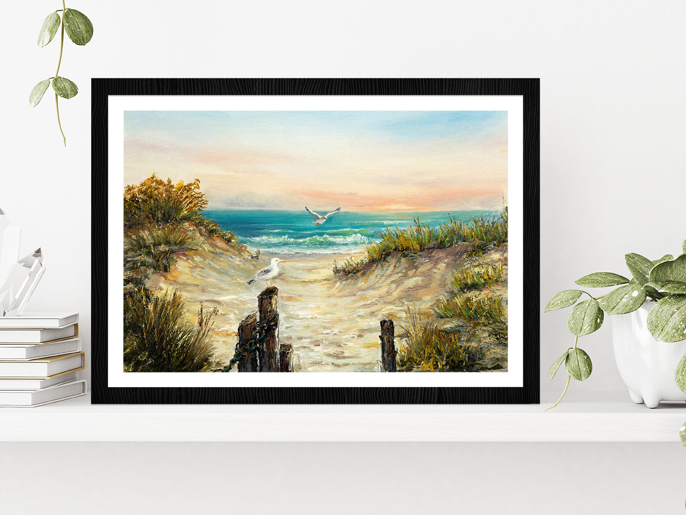 Ocean Beach Dunes With Seagulls Glass Framed Wall Art, Ready to Hang Quality Print With White Border Black