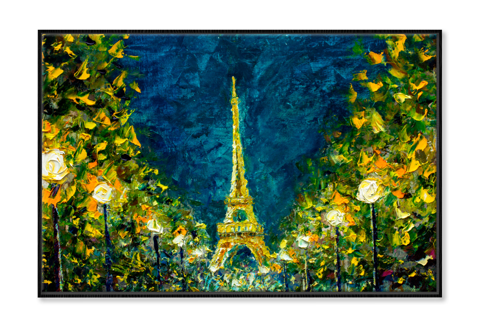 Paris, France, Night Eiffel Tower Oil Painting Wall Art Limited Edition High Quality Print Canvas Box Framed Black