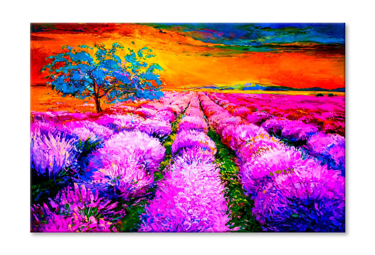 Sunset Over Lavender Field Oil Painting Wall Art Limited Edition High Quality Print Stretched Canvas None