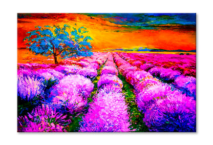 Sunset Over Lavender Field Oil Painting Wall Art Limited Edition High Quality Print Stretched Canvas None