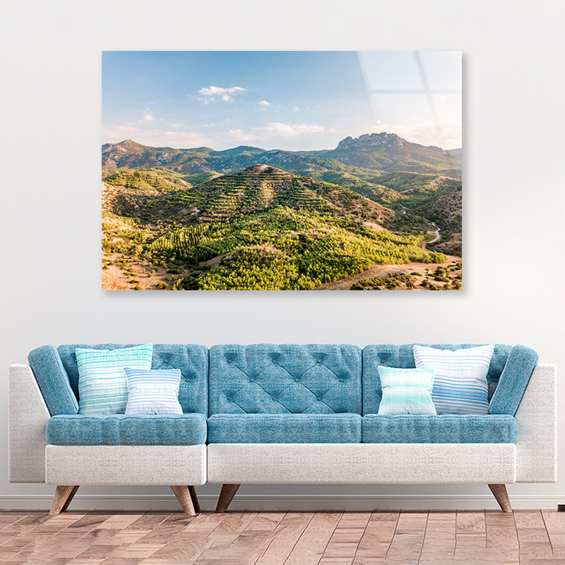 Hills and Trees under a Cloudy Sky in Cyprus Acrylic Glass Print Tempered Glass Wall Art 100% Made in Australia Ready to Hang