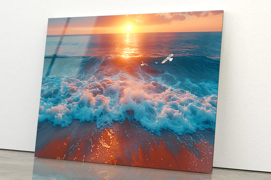 Bird Flying Over the Ocean with Sunset Acrylic Glass Print Tempered Glass Wall Art 100% Made in Australia Ready to Hang - Bella Home Decor