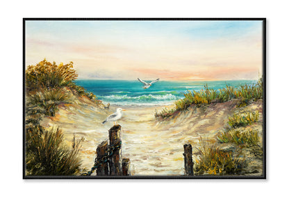 Ocean Beach Dunes With Seagulls Oil Painting Wall Art Limited Edition High Quality Print Canvas Box Framed Black