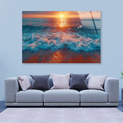 Bird Flying Over the Ocean with Sunset Acrylic Glass Print Tempered Glass Wall Art 100% Made in Australia Ready to Hang - Bella Home Decor