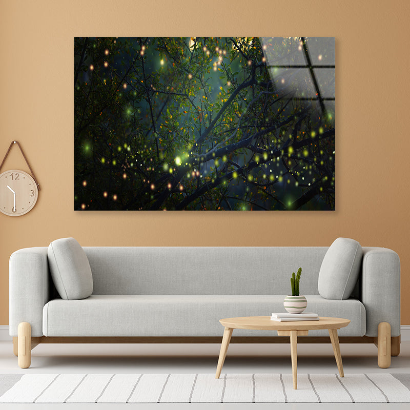Group of Fireflies on Tree Branch Acrylic Glass Print Tempered Glass Wall Art 100% Made in Australia Ready to Hang - Bella Home Decor
