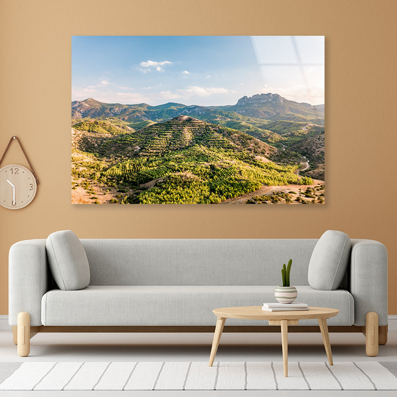 Hills and Trees under a Cloudy Sky in Cyprus Acrylic Glass Print Tempered Glass Wall Art 100% Made in Australia Ready to Hang