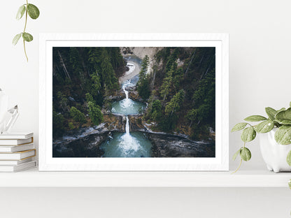 Drone View Of Forest Waterfalls Glass Framed Wall Art, Ready to Hang Quality Print With White Border White