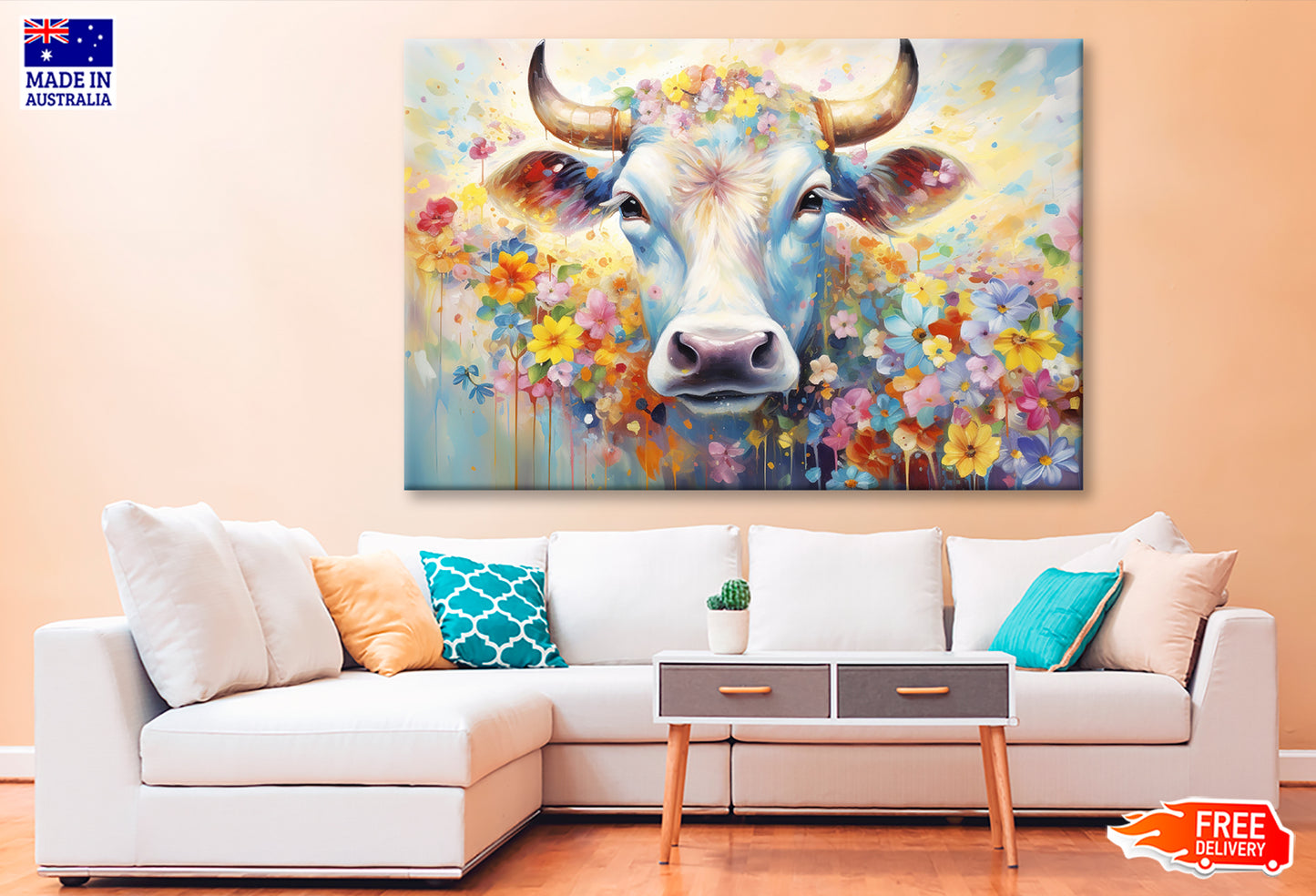 Cow Face in Colorful Blossom Flowers Oil Painting Wall Art Limited Edition High Quality Print