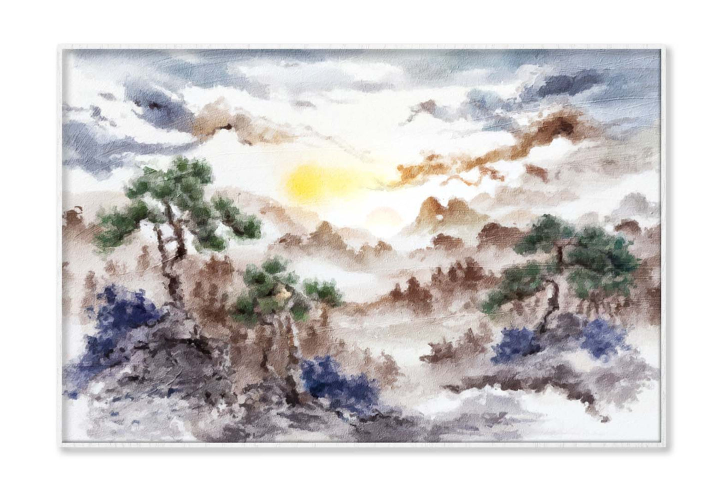 Painting Of Pine Trees, Distant Mountains, Clouds and Sunrise Wall Art Limited Edition High Quality Print