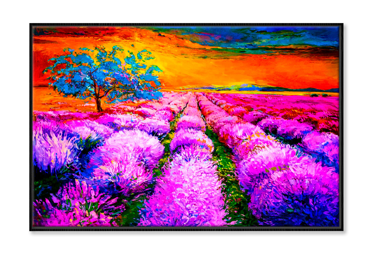 Sunset Over Lavender Field Oil Painting Wall Art Limited Edition High Quality Print Canvas Box Framed Black