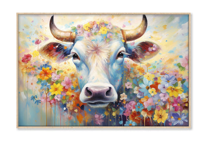 Cow Face in Colorful Blossom Flowers Oil Painting Wall Art Limited Edition High Quality Print Canvas Box Framed Natural