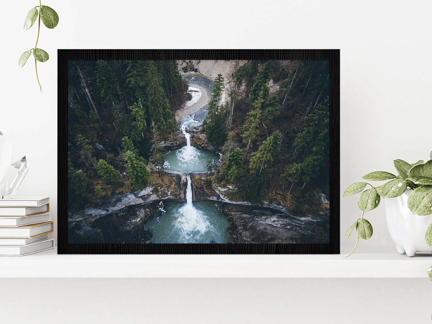 Drone View Of Forest Waterfalls Glass Framed Wall Art, Ready to Hang Quality Print Without White Border Black