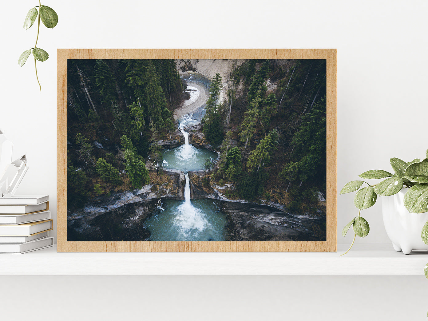 Drone View Of Forest Waterfalls Glass Framed Wall Art, Ready to Hang Quality Print Without White Border Oak