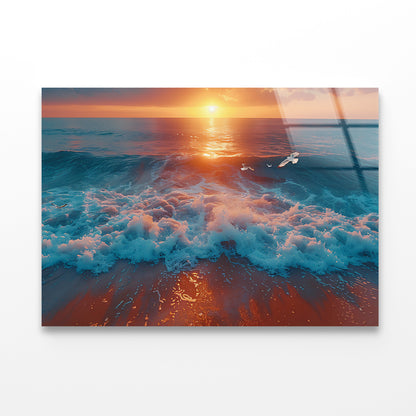 Bird Flying Over the Ocean with Sunset Acrylic Glass Print Tempered Glass Wall Art 100% Made in Australia Ready to Hang - Bella Home Decor