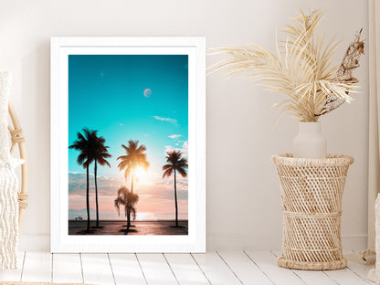 Blue Sky & Sunset Through Palm Trees Photograph Glass Framed Wall Art, Ready to Hang Quality Print With White Border White