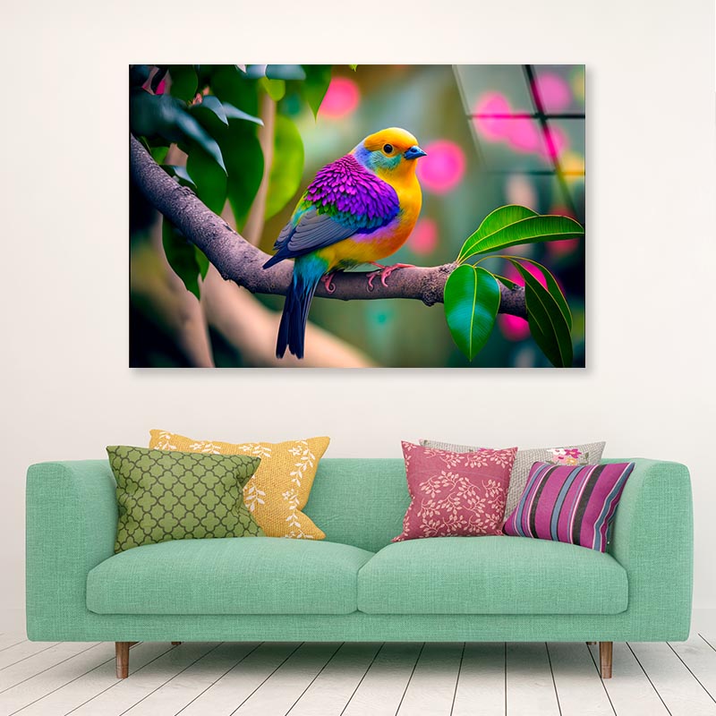 Colorful Bird on Branch  Acrylic Glass Print Tempered Glass Wall Art 100% Made in Australia Ready to Hang - Bella Home Decor
