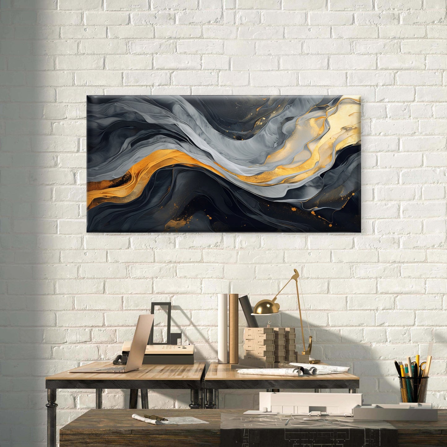 Modern Gold Marble Liquid Ink Wall Art Canvas Office Home Room Framed 120x60cm - Bella Home Decor