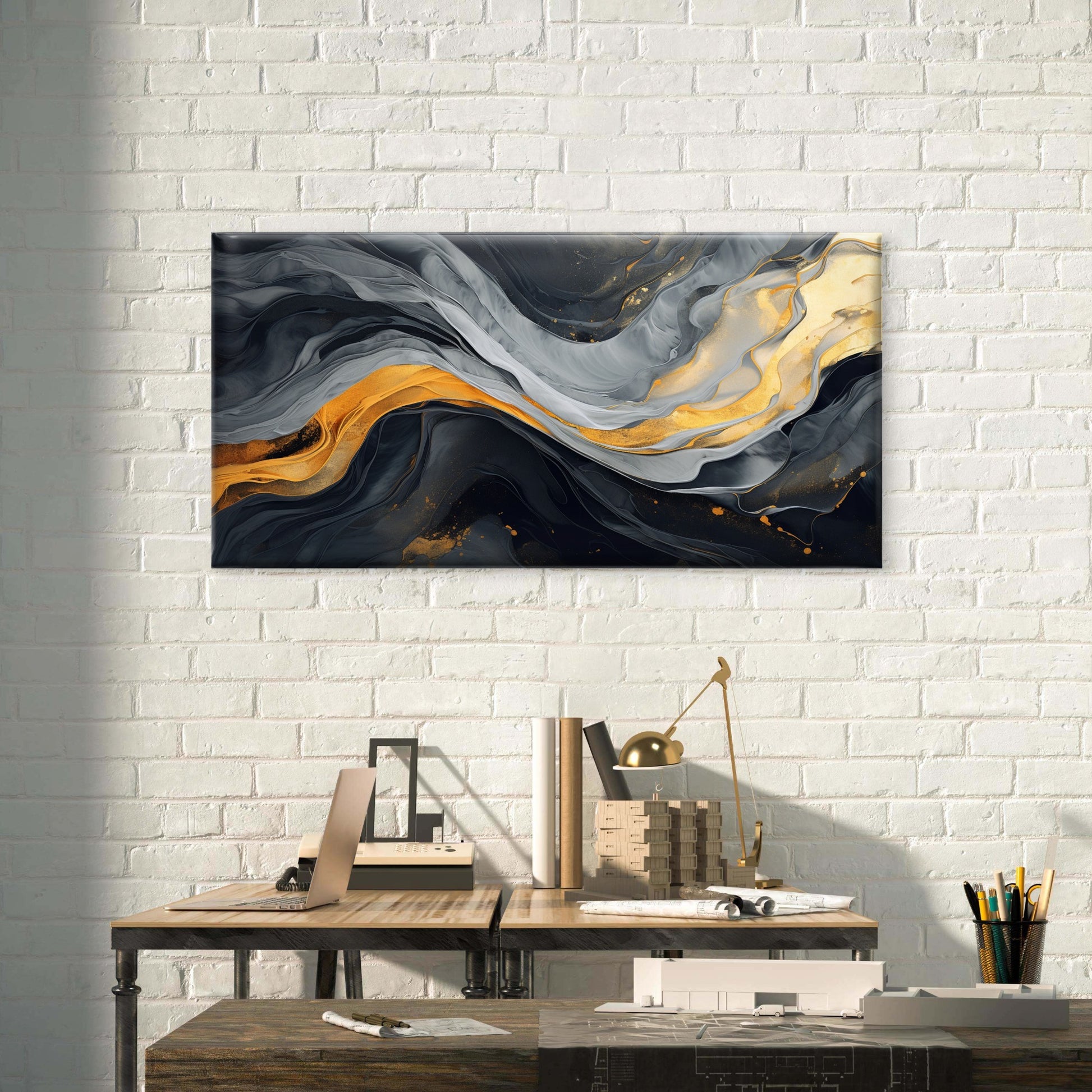 Modern Gold Marble Liquid Ink Wall Art Canvas Office Home Room Framed 120x60cm - Bella Home Decor
