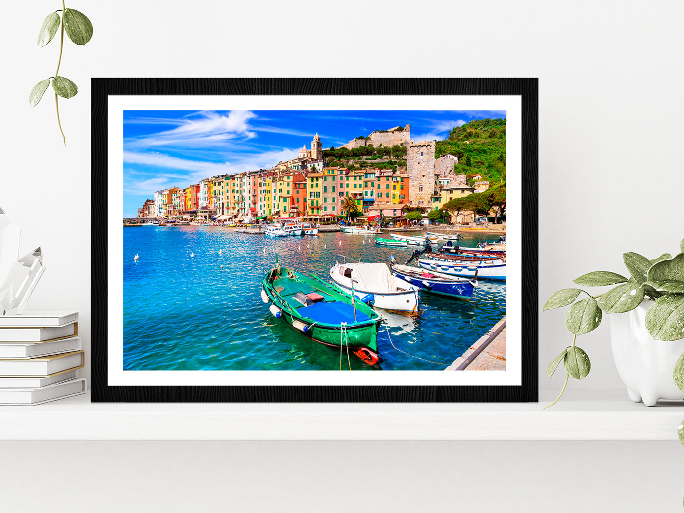 Villages Of Cinque Terre Glass Framed Wall Art, Ready to Hang Quality Print With White Border Black