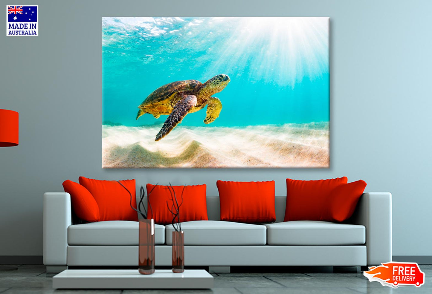 Turtle Swimming in The Ocean with Sun Shining Wall Art Decor 100% Australian Made