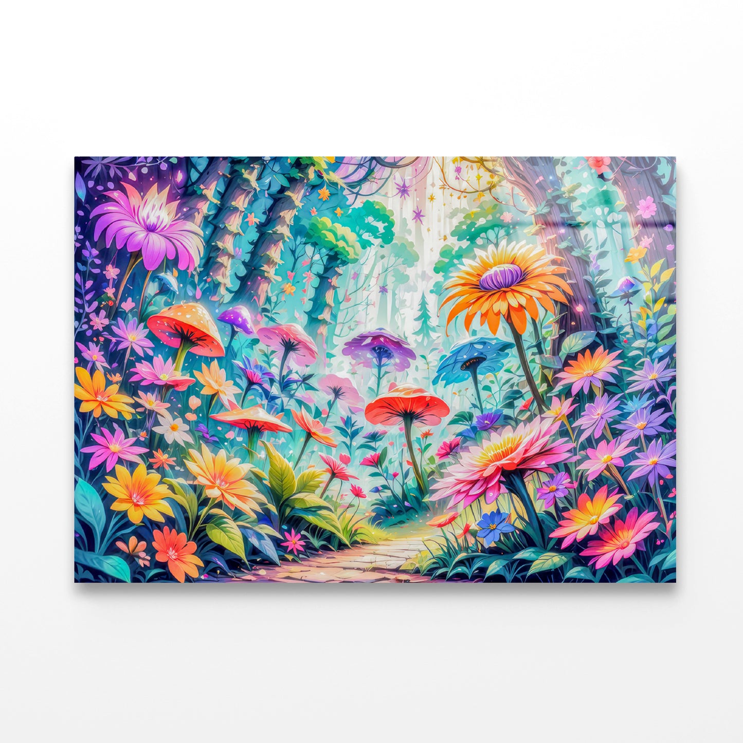 View of Vibrant Multicolored Flowers and Trees Acrylic Glass Print Tempered Glass Wall Art 100% Made in Australia Ready to Hang