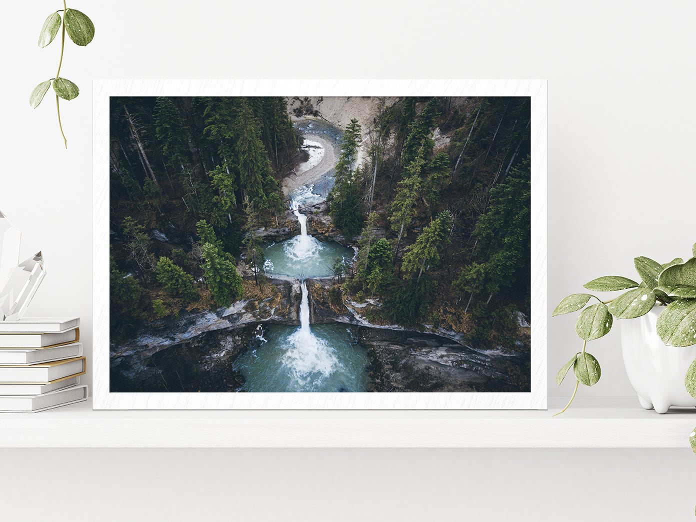 Drone View Of Forest Waterfalls Glass Framed Wall Art, Ready to Hang Quality Print Without White Border White