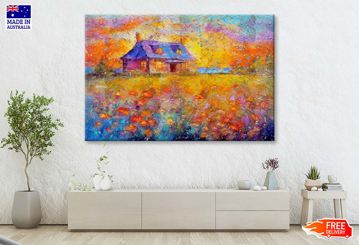 Painting Of Old Rural House On Field Flowers, Beautiful Wildflowers On Beautiful Sunset Wall Art Limited Edition High Quality Print