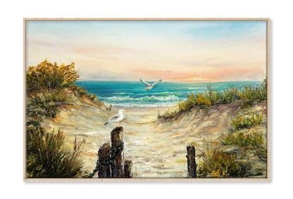 Ocean Beach Dunes With Seagulls Oil Painting Wall Art Limited Edition High Quality Print Canvas Box Framed Natural